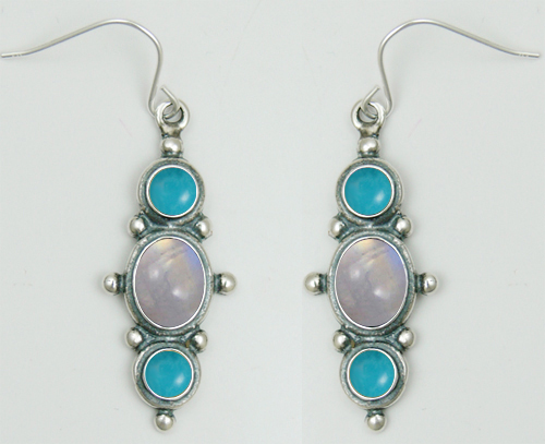 Sterling Silver Drop Dangle Earrings With Rainbow Moonstone And Turquoise